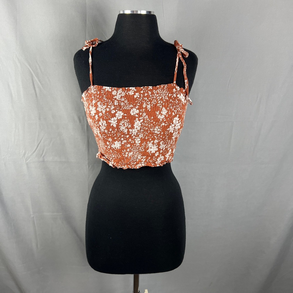 Abercrombie & Fitch Cropped Top Womens Medium Rust Floral Smocked Tie Shoulder